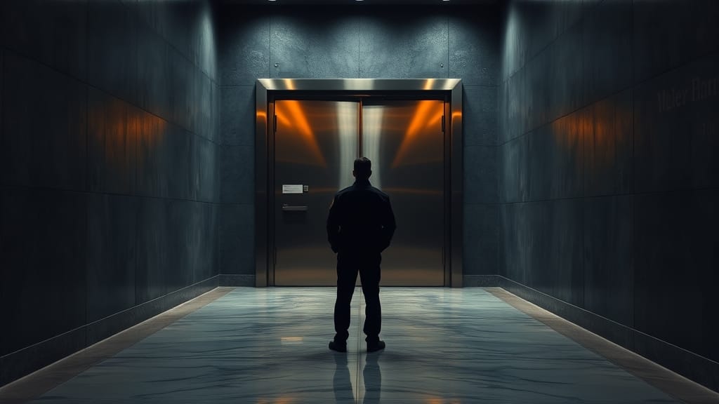 Binance : 10,5 Mds$ d'arnaques crypto bloqués par l'IA en 2025-2026 1 Porte de coffre-fort en acier brossé entrouverte dans un long couloir institutionnel sombre éclairé par une lumière ambrée.
