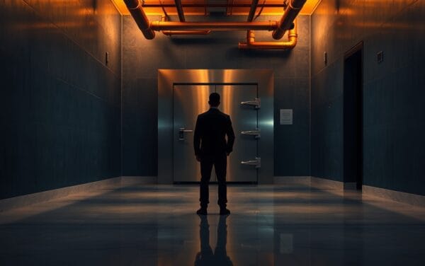 Couloir institutionnel sombre avec porte de coffre entrouverte et silhouette éloignée de dos sous lumière ambrée