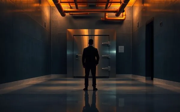 Couloir institutionnel sombre avec porte de coffre entrouverte et silhouette éloignée de dos sous lumière ambrée