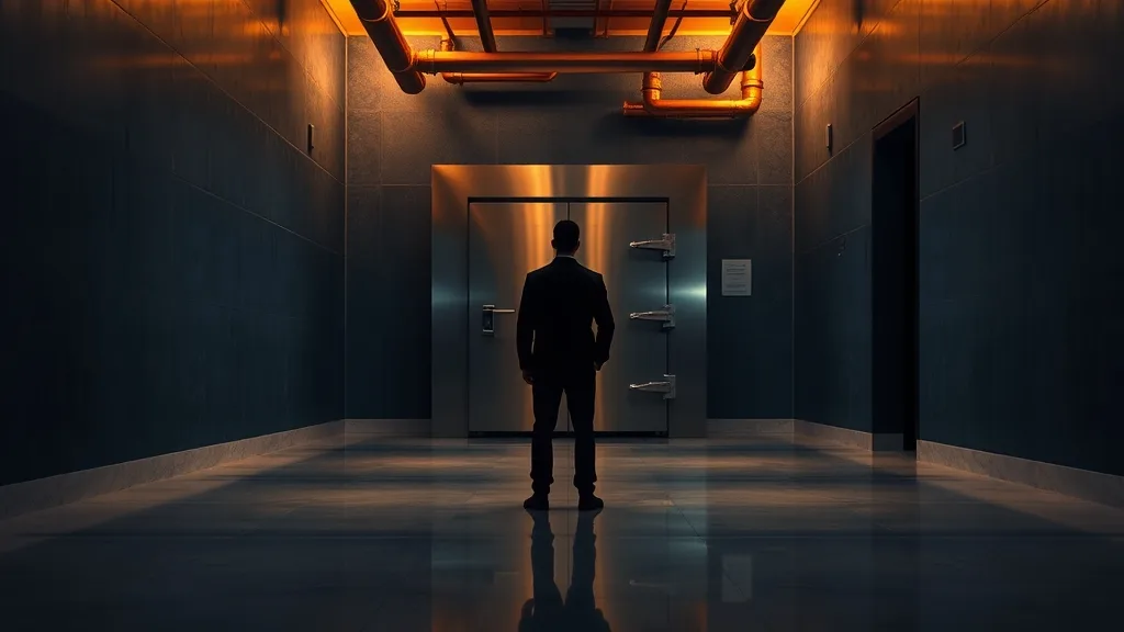 Couloir institutionnel sombre avec porte de coffre entrouverte et silhouette éloignée de dos sous lumière ambrée