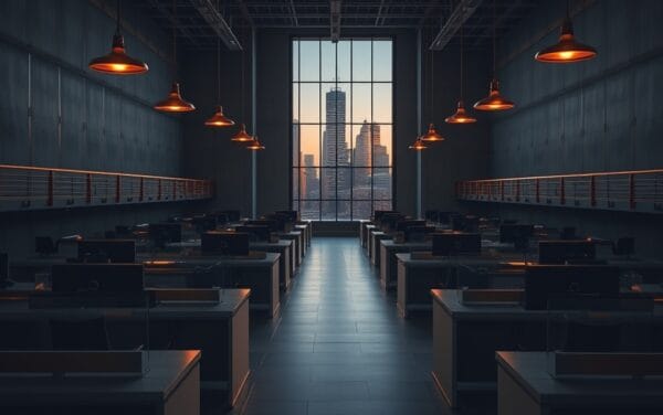 Salle de marchés institutionnelle vide au crépuscule, bureaux d'acier brossé alignés et reflets ambrés sur les rambardes.