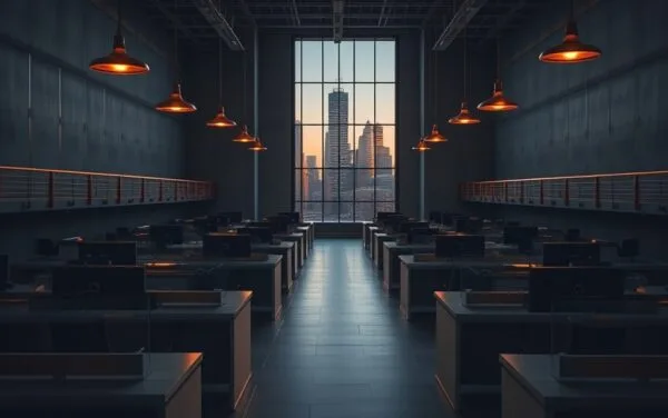 Salle de marchés institutionnelle vide au crépuscule, bureaux d'acier brossé alignés et reflets ambrés sur les rambardes.