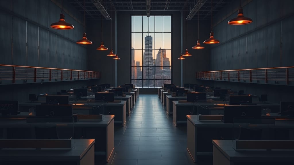 Salle de marchés institutionnelle vide au crépuscule, bureaux d'acier brossé alignés et reflets ambrés sur les rambardes.