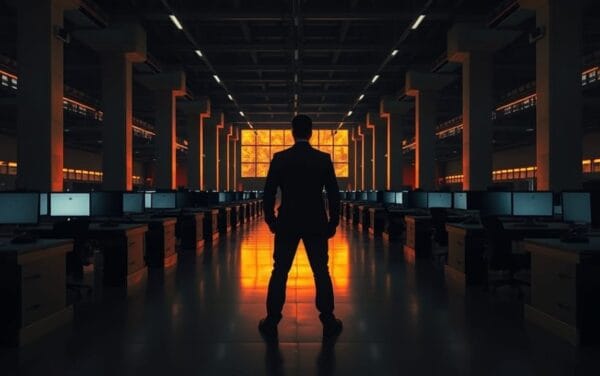 Vaste salle des marchés vide au crépuscule, silhouette d'analyste de dos baignée d'une lumière orangée