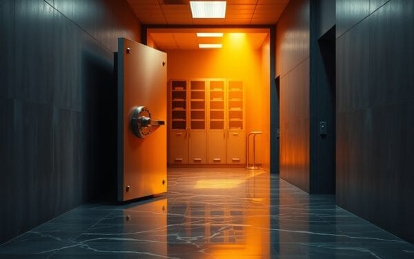 Porte de coffre-fort en acier entrouverte dans un couloir institutionnel sombre, lumière dorée chaude