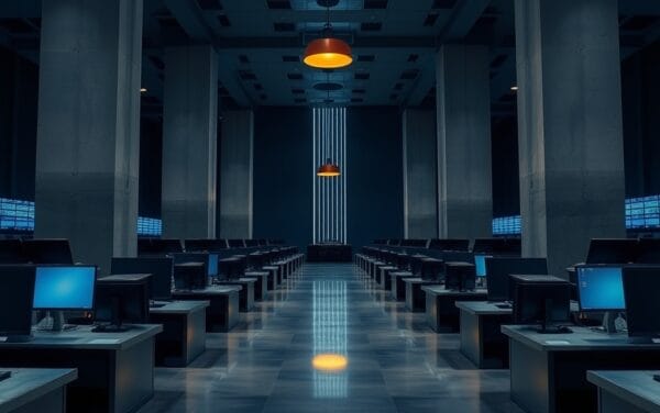 Salle des marchés institutionnelle vide au crépuscule, écrans éteints, colonnes de béton et ambiance navy-ambre.