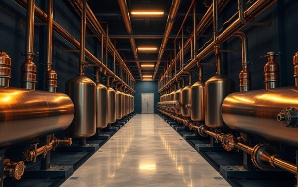 Salle des machines industrielle vide aux teintes navy et ambre, tuyauterie en cuivre et acier brossé sur sol en marbre.