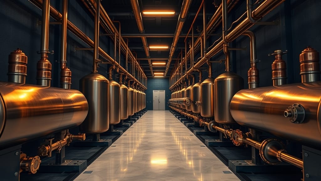 Salle des machines industrielle vide aux teintes navy et ambre, tuyauterie en cuivre et acier brossé sur sol en marbre.
