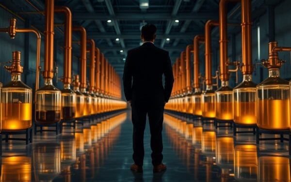 Salle industrielle aux colonnes cuivrées et liquides ambrés, silhouette d'analyste de dos en arrière-plan.