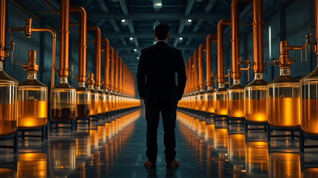 Salle industrielle aux colonnes cuivrées et liquides ambrés, silhouette d'analyste de dos en arrière-plan.