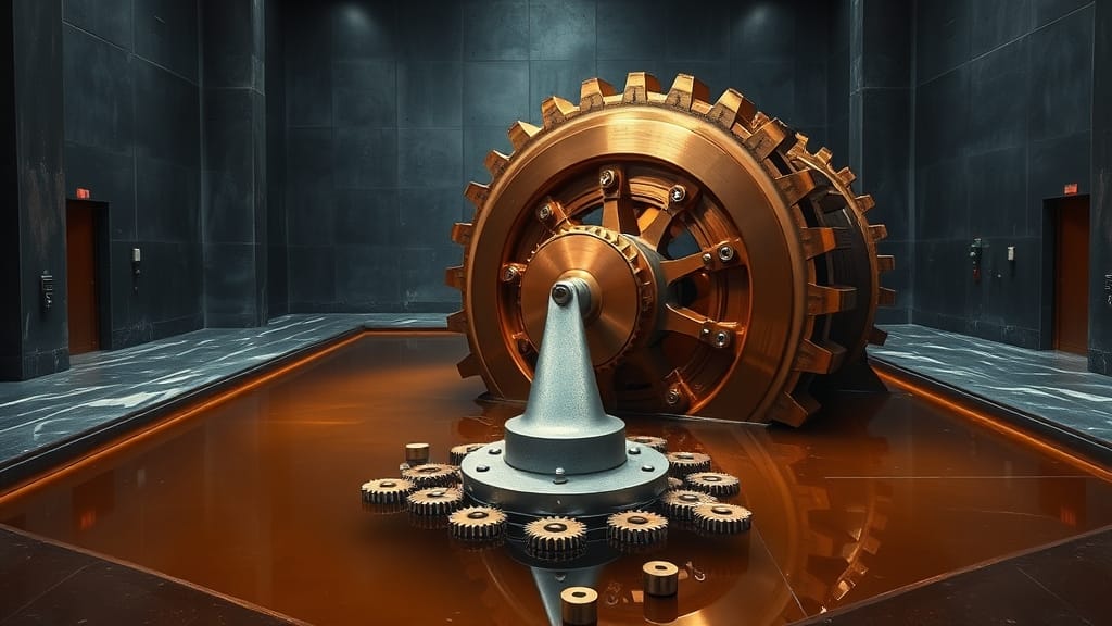 Engrenage en cuivre dominant entouré de petits rouages dans une chambre industrielle aux teintes navy et ambrées.