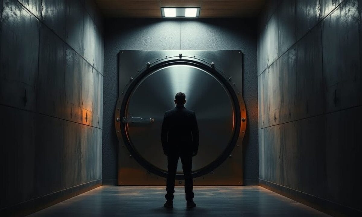 Porte massive d'une salle des coffres en acier brossé, baignée d'une lumière ambrée dans un couloir institutionnel sombre.