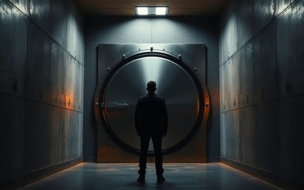 Porte massive d'une salle des coffres en acier brossé, baignée d'une lumière ambrée dans un couloir institutionnel sombre.