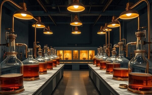 Laboratoire industriel nocturne, vases en verre où s'écoulent des liquides ambrés à travers des valves en laiton.