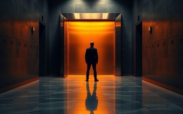 Porte de coffre-fort en acier brossé entrouverte dans un long couloir institutionnel, silhouette de dos au loin