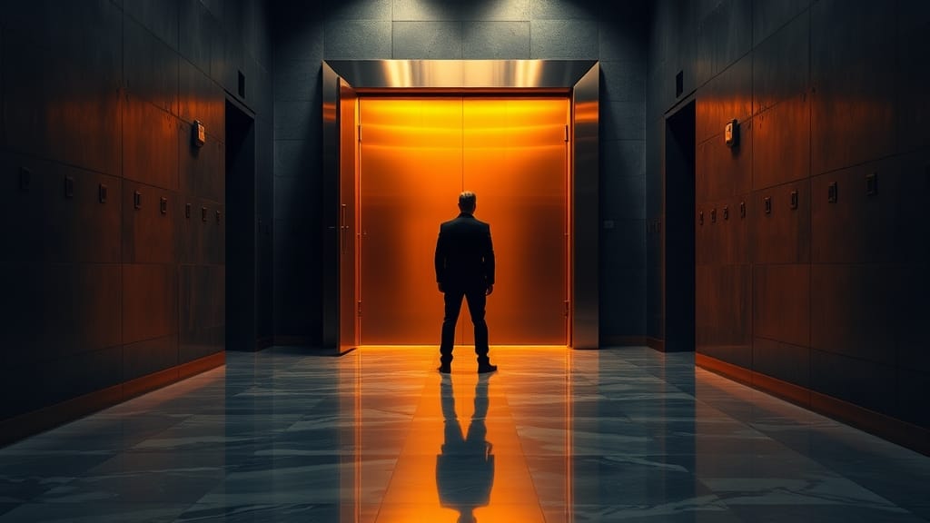 Porte de coffre-fort en acier brossé entrouverte dans un long couloir institutionnel, silhouette de dos au loin