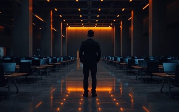 Salle des marchés vide au crépuscule, silhouette d'un analyste de dos devant des bureaux éteints.