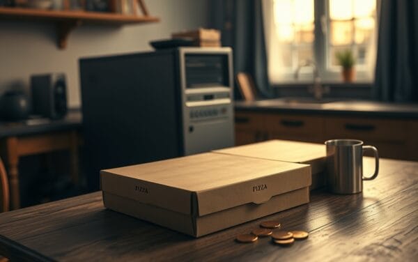 Deux boîtes de pizza fermées posées sur une table en bois à côté d'un vieil ordinateur, ambiance fin de journée.