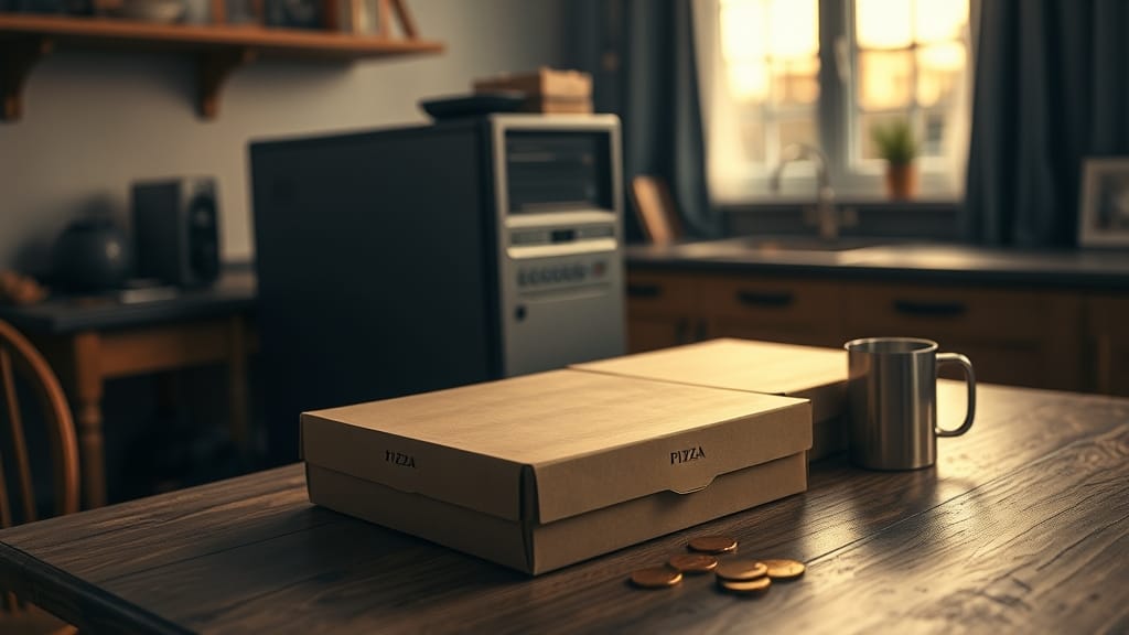 Bitcoin Pizza Day : 10 000 BTC pour 2 pizzas en 2010 1 Deux boîtes de pizza fermées posées sur une table en bois à côté d'un vieil ordinateur, ambiance fin de journée.