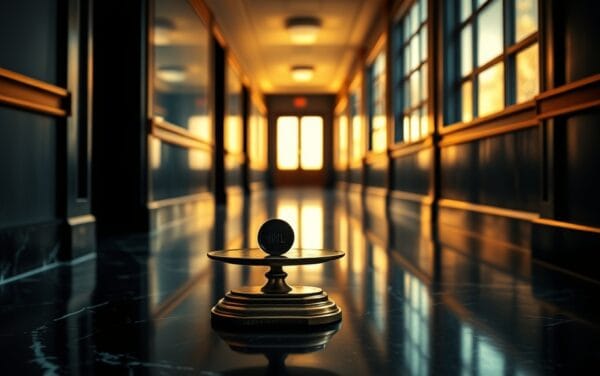 Balance ancienne pesant une pièce sombre face à une bouteille de pétrole, dans un couloir feutré aux teintes navy et or.