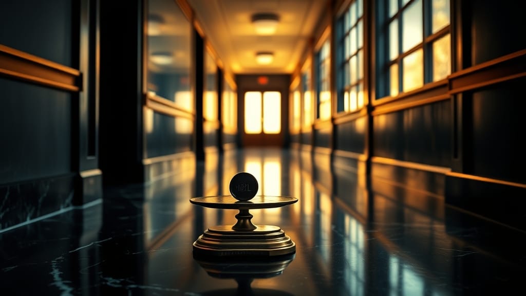 Balance ancienne pesant une pièce sombre face à une bouteille de pétrole, dans un couloir feutré aux teintes navy et or.