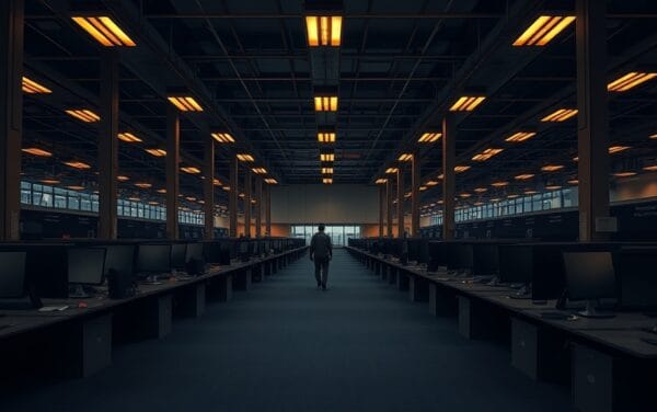 Salle de trading institutionnelle vide au crépuscule, écrans éteints, silhouette isolée au fond, tons bleu navy et ambre.
