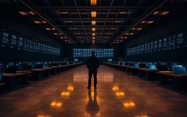 Salle de marché institutionnelle vide à l'aube avec ordinateurs portables fermés et silhouette d'analyste de dos.
