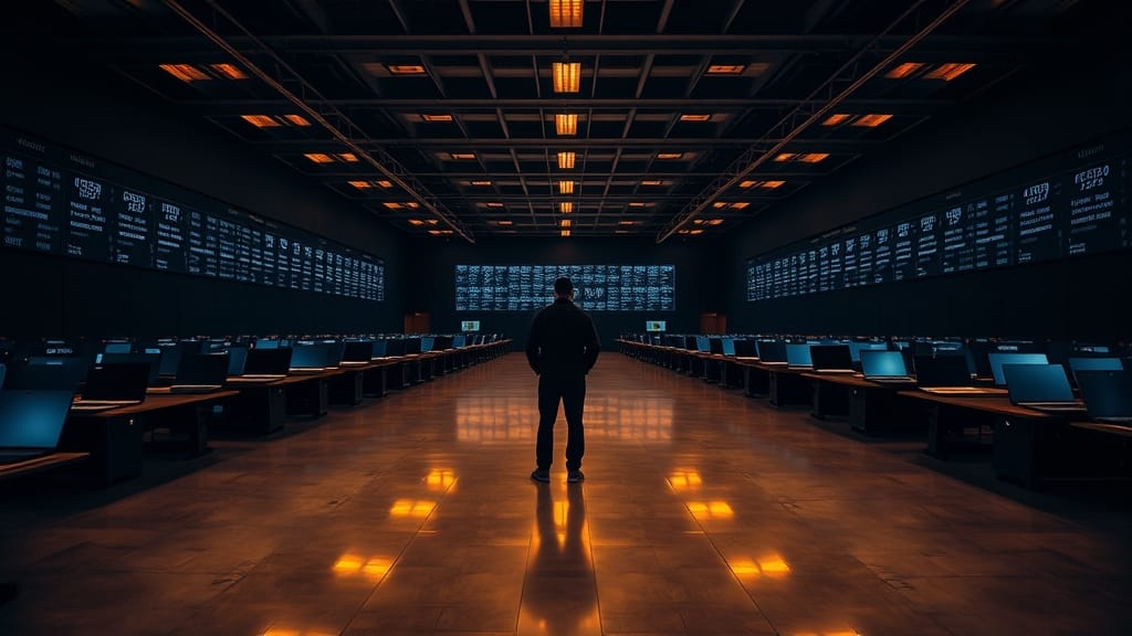 Salle de marché institutionnelle vide à l'aube avec ordinateurs portables fermés et silhouette d'analyste de dos.