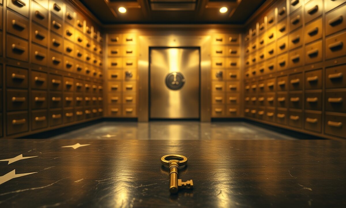 Bitcoin Texas 2026 : de l'ETF IBIT à la garde directe 1 Coffre-fort institutionnel vintage avec coffrets en laiton brossé et clé ancienne, lumière tungstène chaude