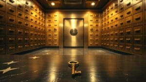 Bitcoin Texas 2026 : de l'ETF IBIT à la garde directe 18 Coffre-fort institutionnel vintage avec coffrets en laiton brossé et clé ancienne, lumière tungstène chaude