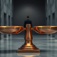 Balance en cuivre déséquilibrée dans un hall institutionnel en marbre, illustrant l'écart de performance entre Bitcoin et Ethereum.