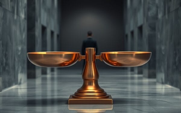 Balance en cuivre déséquilibrée dans un hall institutionnel en marbre, illustrant l'écart de performance entre Bitcoin et Ethereum.