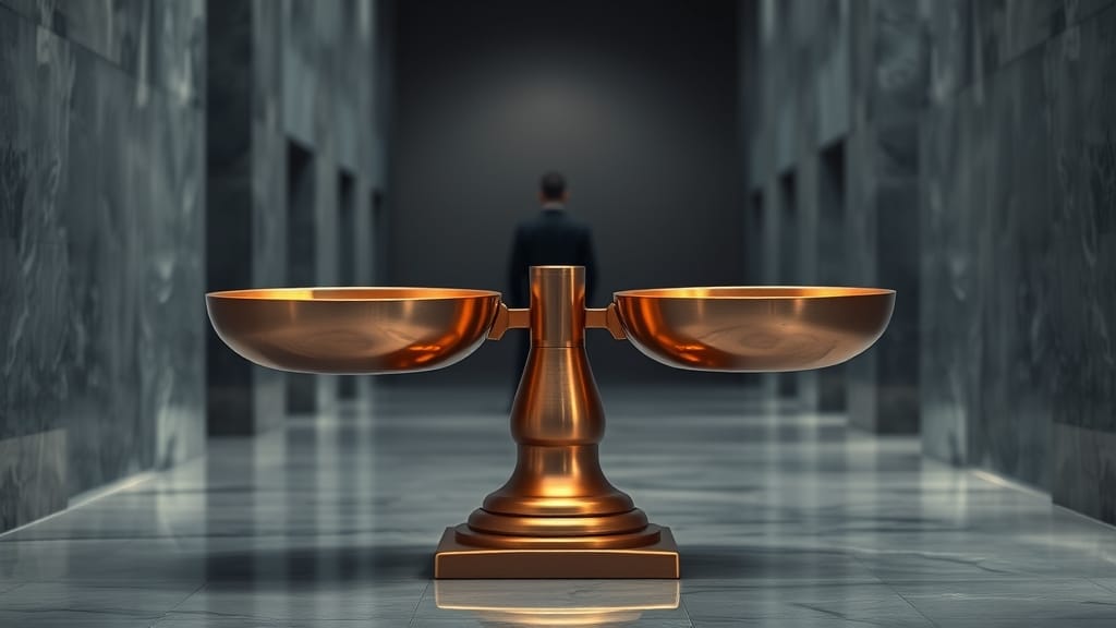 Bitcoin vs Ethereum 2026 : JPMorgan parie sur BTC (+123 %) 1 Balance en cuivre déséquilibrée dans un hall institutionnel en marbre, illustrant l'écart de performance entre Bitcoin et Ethereum.