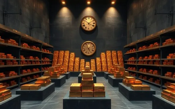 Salle de coffre institutionnelle aux murs navy, lingots de cuivre éclairés à l'ambre, horloge en bronze en arrière-plan.