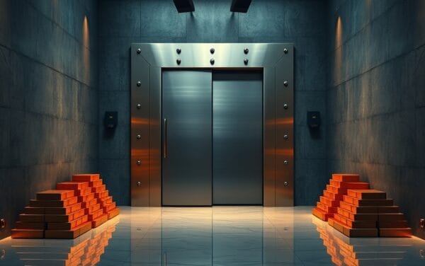 Porte de coffre-fort en acier brossé entrouverte dans un couloir institutionnel, lingots de cuivre, lumière ambrée sur marbre.