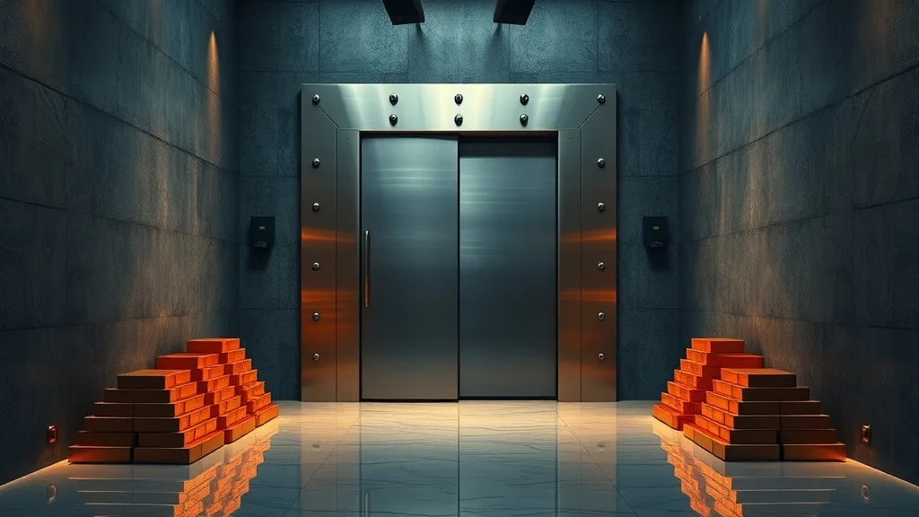 Porte de coffre-fort en acier brossé entrouverte dans un couloir institutionnel, lingots de cuivre, lumière ambrée sur marbre.
