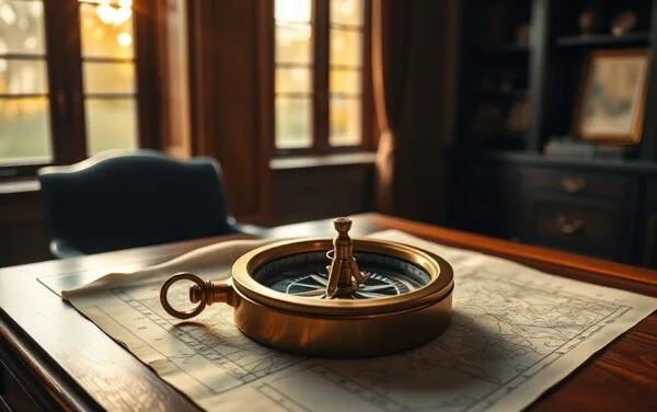 Boussole en bronze posée sur une carte papier ancienne, lumière dorée d'un bureau d'étude calme.