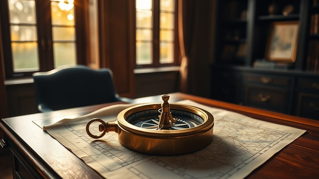 Boussole en bronze posée sur une carte papier ancienne, lumière dorée d'un bureau d'étude calme.