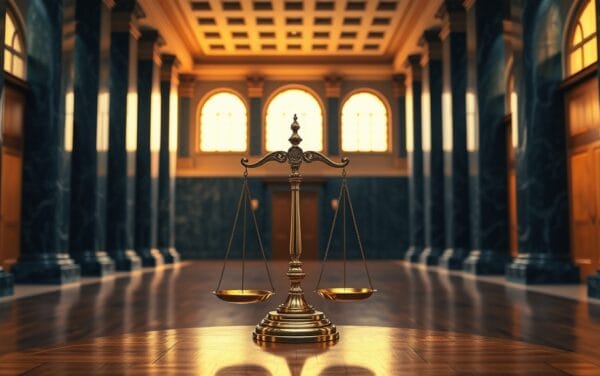 Hall institutionnel vide avec colonnes en marbre navy et balance de justice en cuivre baignée de lumière ambrée