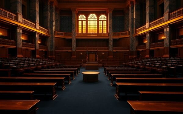 Hémicycle vide du Sénat américain au crépuscule, bois ciré et colonnes de marbre baignés d'une lumière ambrée.