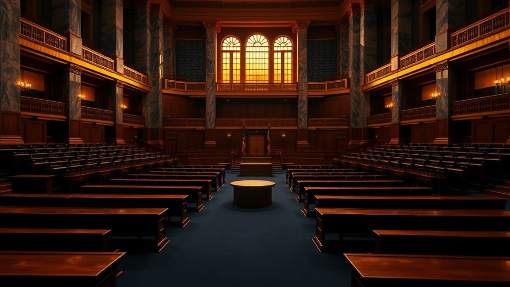 Clarity Act : 100 amendements déposés sur le projet de loi crypto US 1 Hémicycle vide du Sénat américain au crépuscule, bois ciré et colonnes de marbre baignés d'une lumière ambrée.