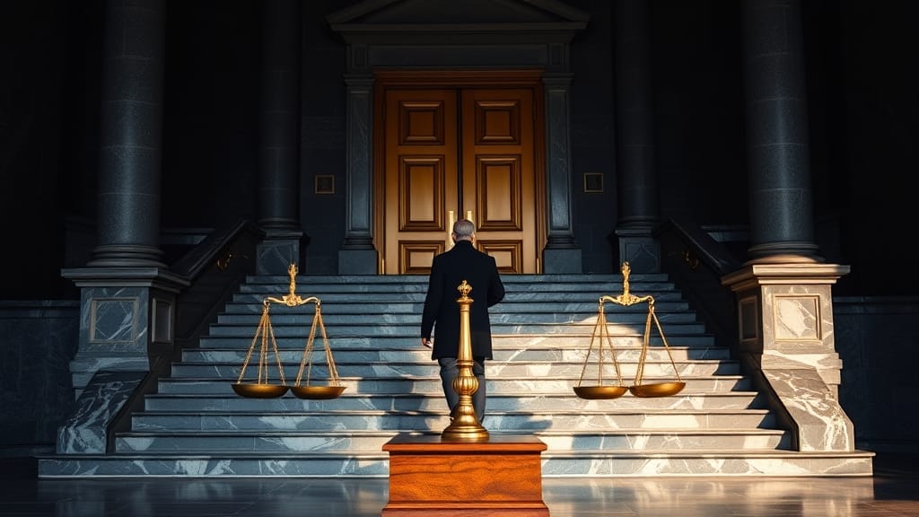 Escalier de marbre d'un palais de justice avec balances en laiton ancien, lumière ambrée tombant sur la pierre.
