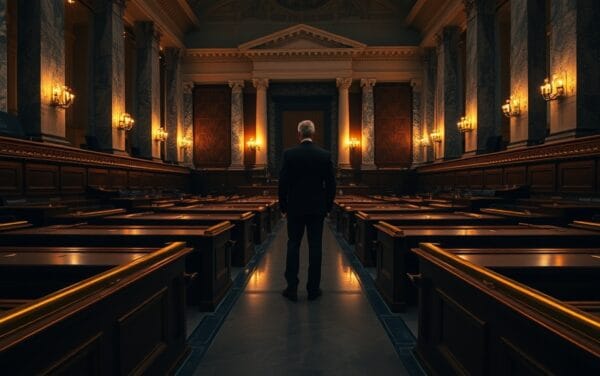 Salle parlementaire vide en marbre et bois sombre, silhouette de dos au fond, lumière ambre dorée sur les colonnes.