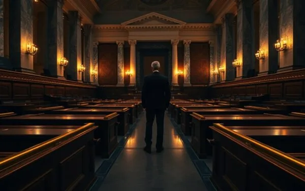 Salle parlementaire vide en marbre et bois sombre, silhouette de dos au fond, lumière ambre dorée sur les colonnes.