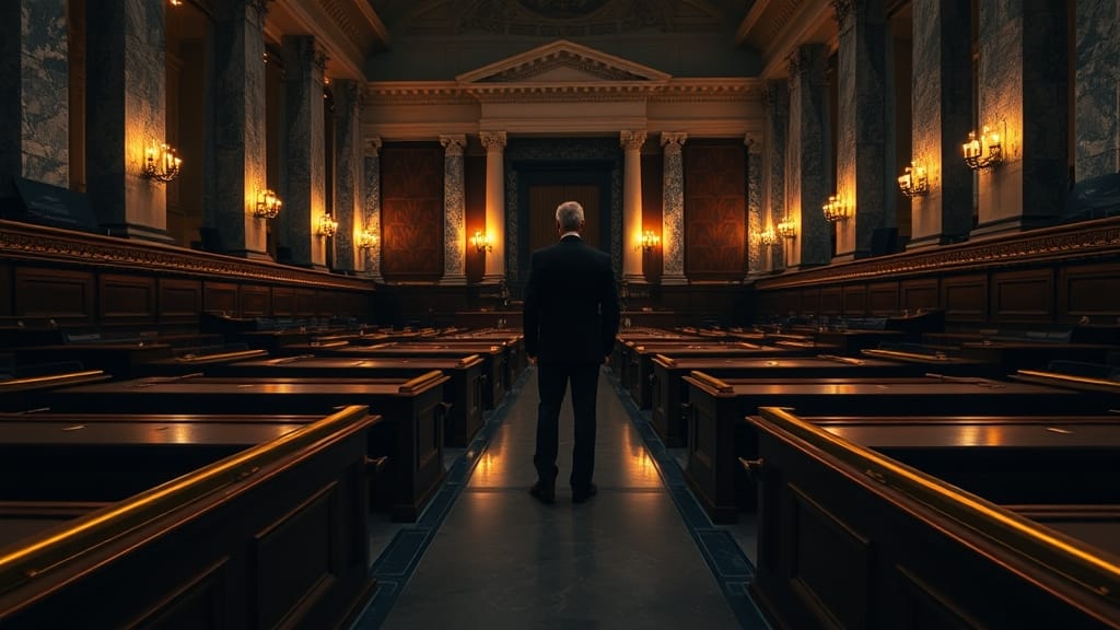 Salle parlementaire vide en marbre et bois sombre, silhouette de dos au fond, lumière ambre dorée sur les colonnes.