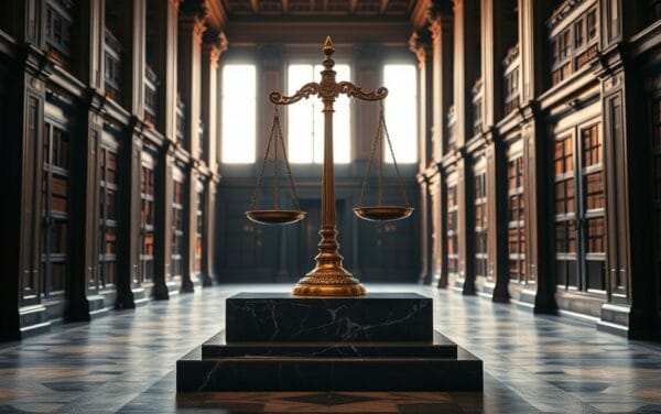 Balance de justice en bronze dans un couloir institutionnel sombre, lumière ambrée tombant sur le marbre.