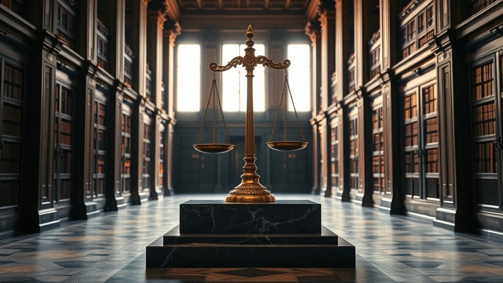 Balance de justice en bronze dans un couloir institutionnel sombre, lumière ambrée tombant sur le marbre.