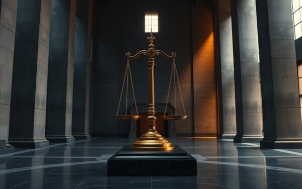 Balance en bronze dans une rotonde institutionnelle vide baignée d'une lumière ambrée, symbole de régulation financière américaine.