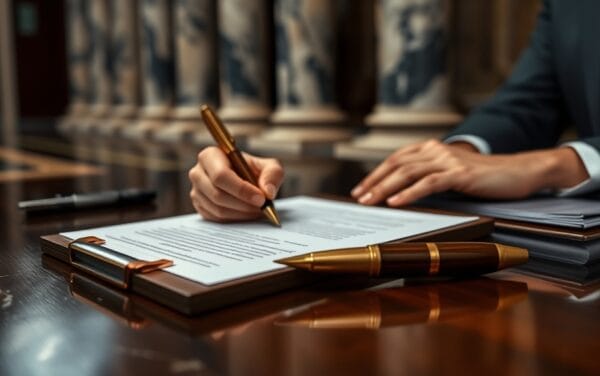 Mains signant un document officiel sur un bureau en bois sombre, stylo en laiton et dossiers juridiques empilés.
