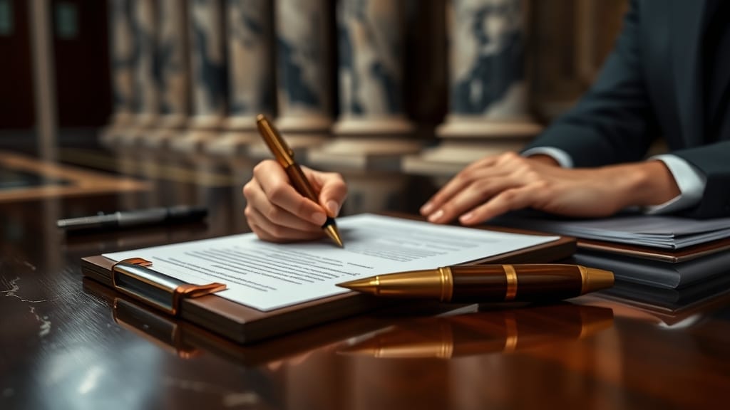 Mains signant un document officiel sur un bureau en bois sombre, stylo en laiton et dossiers juridiques empilés.